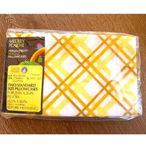Vintage Sears Pillowcases Medley Mates Plaid II Standard Size Yellow Orange NIP
